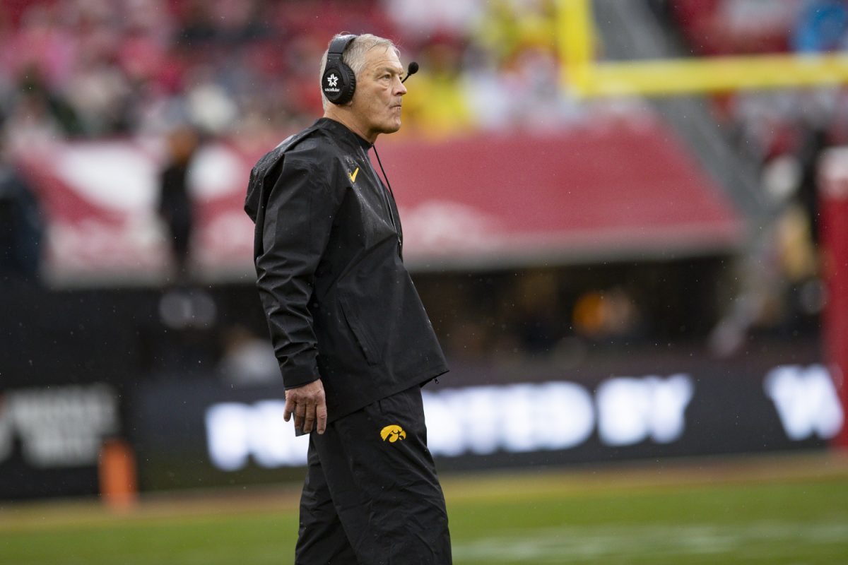 Iowa football head coach Kirk Ferentz watches during a football game between the Iowa Hawkeyes and the USC Trojans at Los Angeles Memorial Coliseum in Los Angeles, Calif., on Saturday, Nov. 15, 2025. The Trojans defeated the Hawkeyes 26-21.