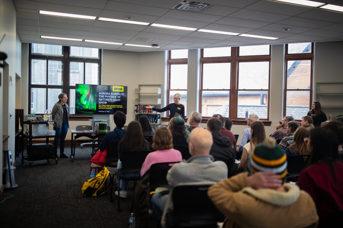 Graduate students speak on the Aurora Borealis on Monday, Nov. 17, 2025, at the Sciences Library for an informational session about the Aurora Borealis. A panel of graduate students answered questions about their research and the work they’re doing at Iowa.