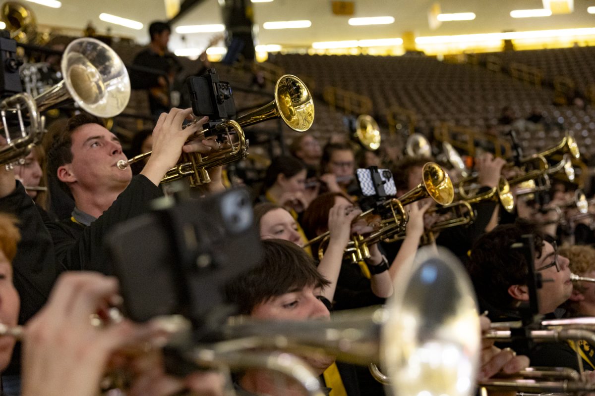 The pep band plays during a basketball game between the Iowa Hawkeyes and the Southeast Missouri State Redhawks at Carver-Hawkeye Arena on Thursday, Nov. 18, 2025.