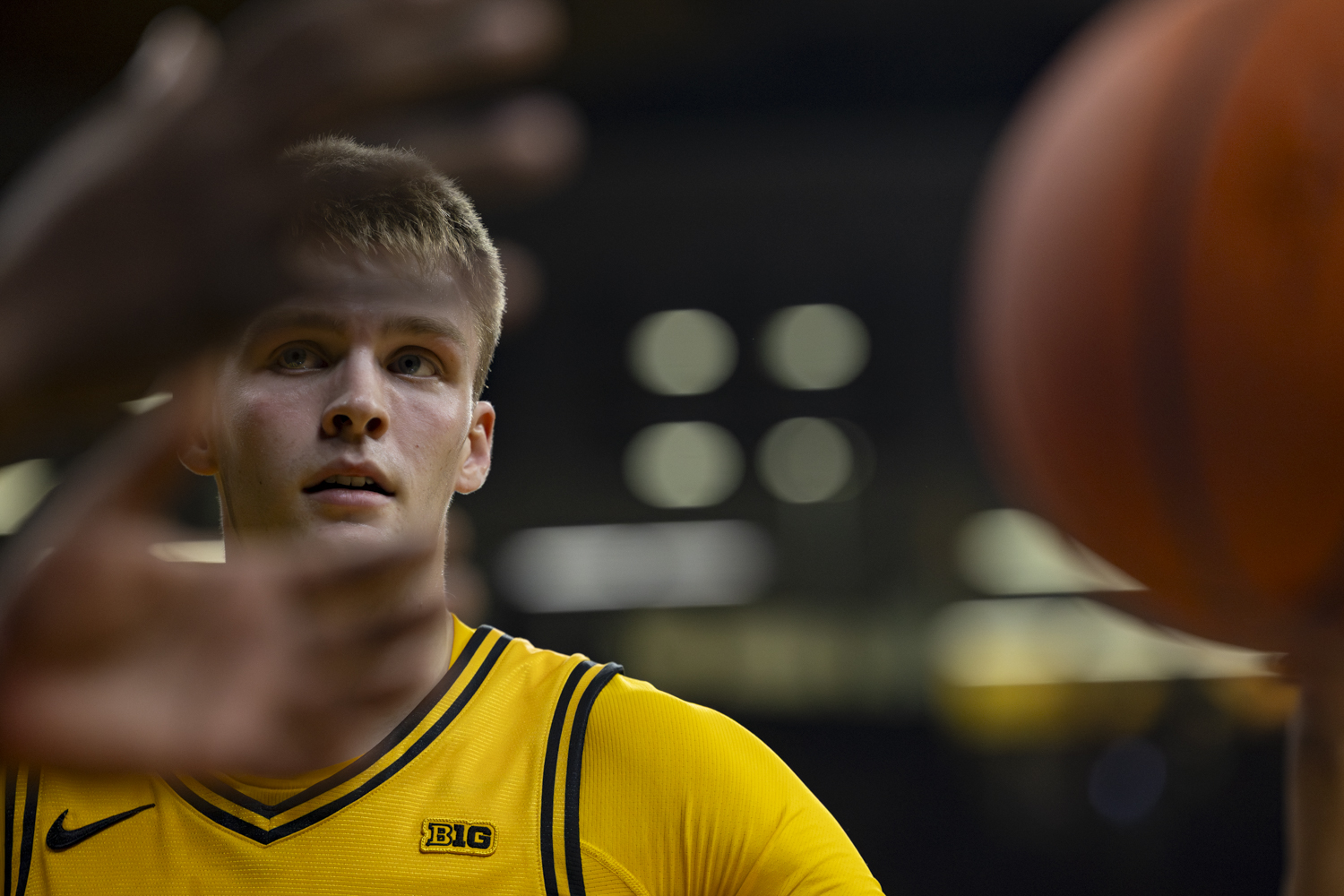 Iowa guard Bennett Stirtz looks at a player during a basketball game between the Iowa Hawkeyes and the Southeast Missouri State Redhawks at Carver-Hawkeye Arena on Thursday, Nov. 18, 2025. Stirtz added 15 points. The Hawkeyes defeated the Redhawks 99-70.