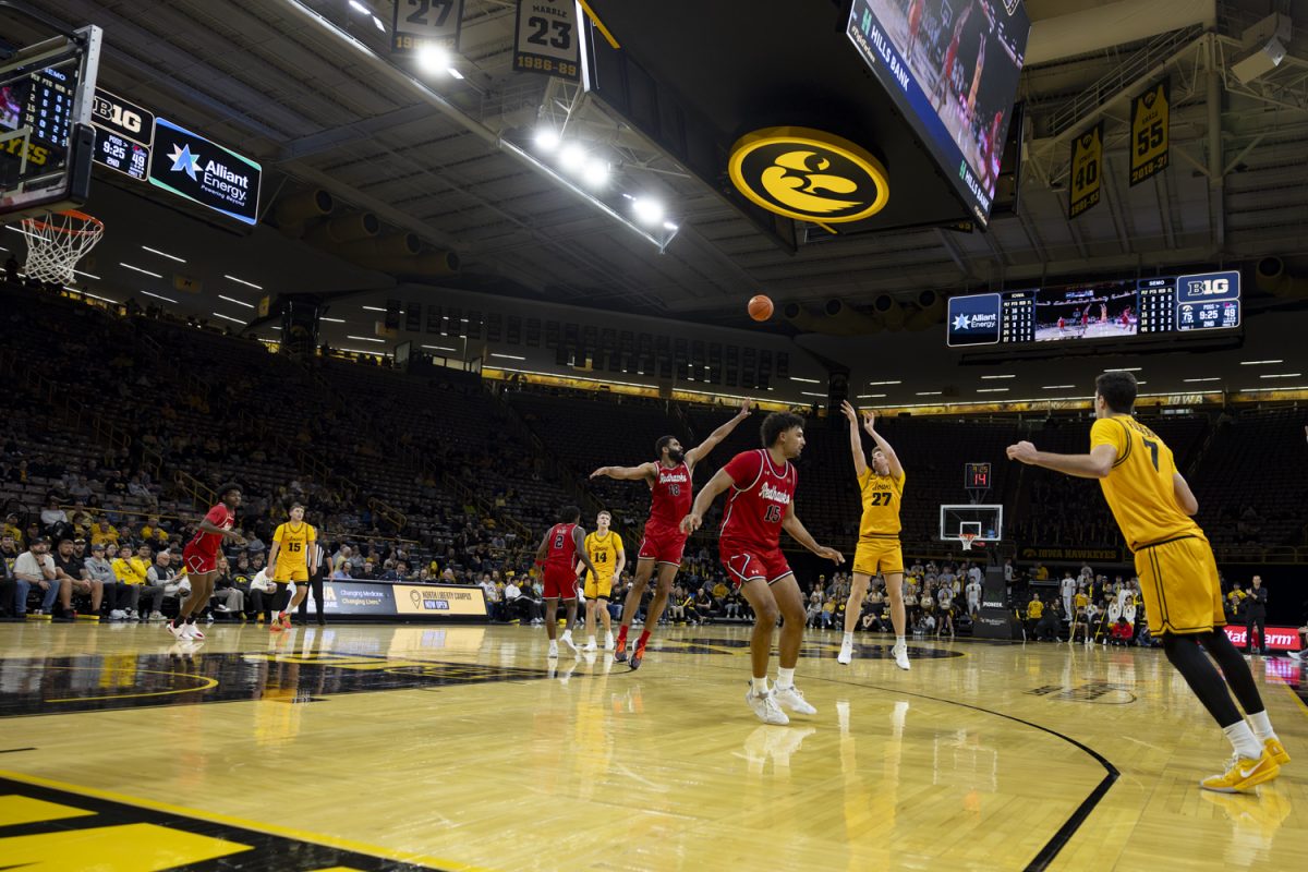 Iowa center Trevin Jirak shoots the ball during a basketball game between the Iowa Hawkeyes and the Southeast Missouri State Redhawks at Carver-Hawkeye Arena on Thursday, Nov. 18, 2025. Jirek added 10 points. The Hawkeyes defeated the Redhawks 99-70.