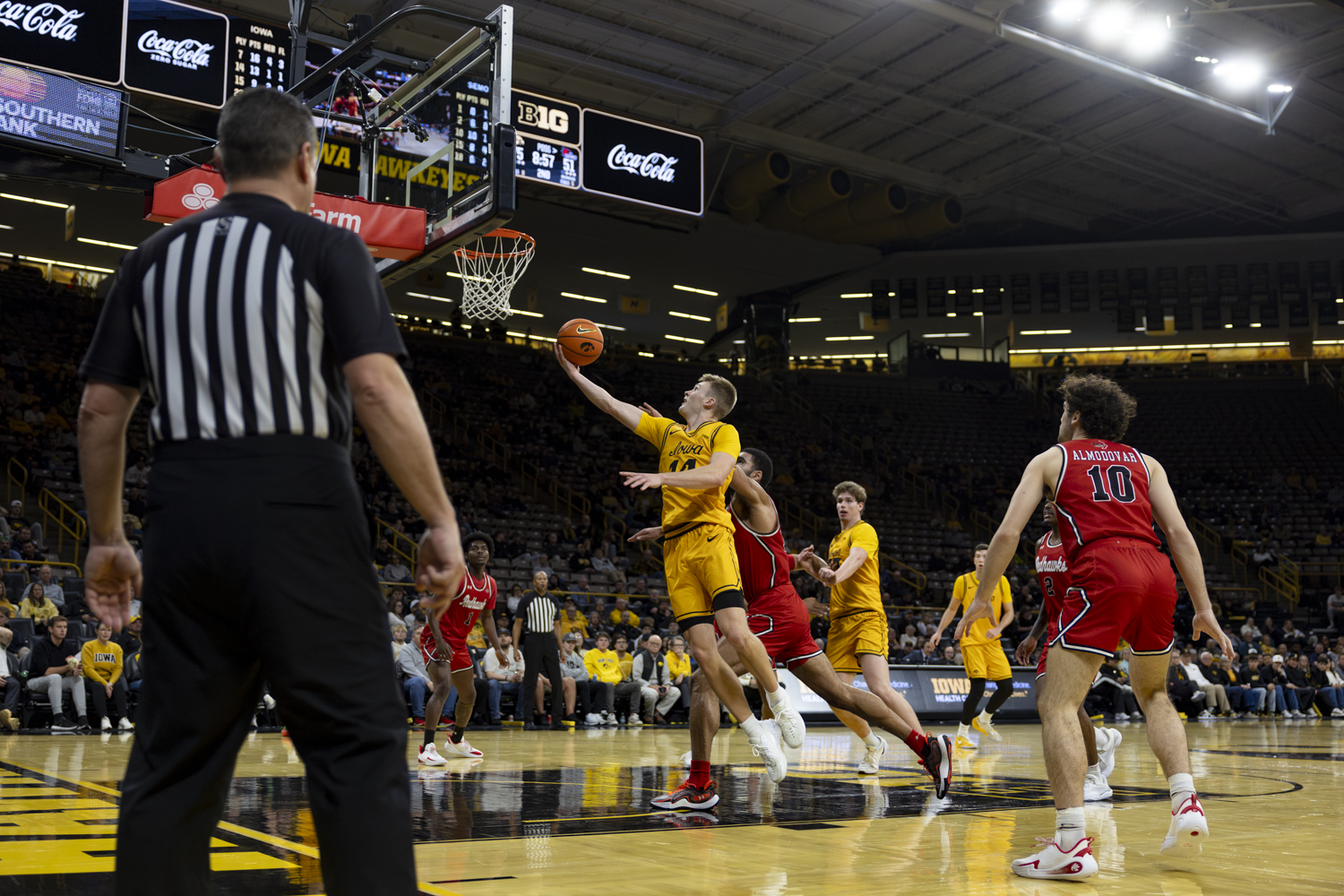 Iowa guard Bennett Stirtz shoots the ball during a basketball game between the Iowa Hawkeyes and the Southeast Missouri State Redhawks at Carver-Hawkeye Arena on Thursday, Nov. 18, 2025. Stirtz added 15 points. The Hawkeyes defeated the Redhawks 99-70.