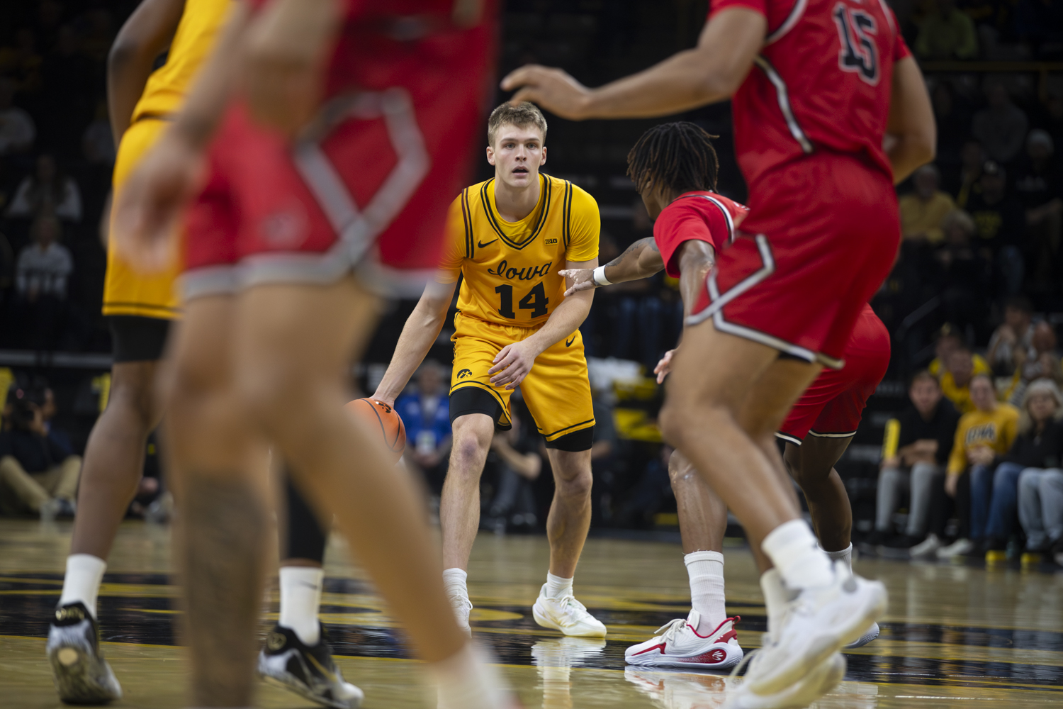 Iowa guard Bennett Stirtz dribbles the ball during a basketball game between the Iowa Hawkeyes and the Southeast Missouri State Redhawks at Carver-Hawkeye Arena on Thursday, Nov. 18, 2025. Stirtz added 15 points. The Hawkeyes defeated the Redhawks 99-70.