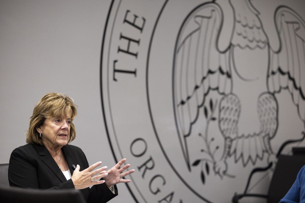 University of Iowa President Barbara Wilson speaks with reporters during an interview with the Daily Iowan on Thursday, Nov. 20, 2025.