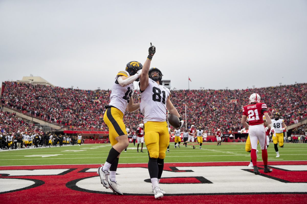 Iowa wide receiver Reece Vander Zee and tight end DJ Vonnahme celebrate a touchdown during a football game between Iowa and Nebraska at Memorial Stadium in Lincoln, Nebraska on Friday, Nov. 28, 2025. The Hawkeyes defeated the Cornhuskers 40-16.
