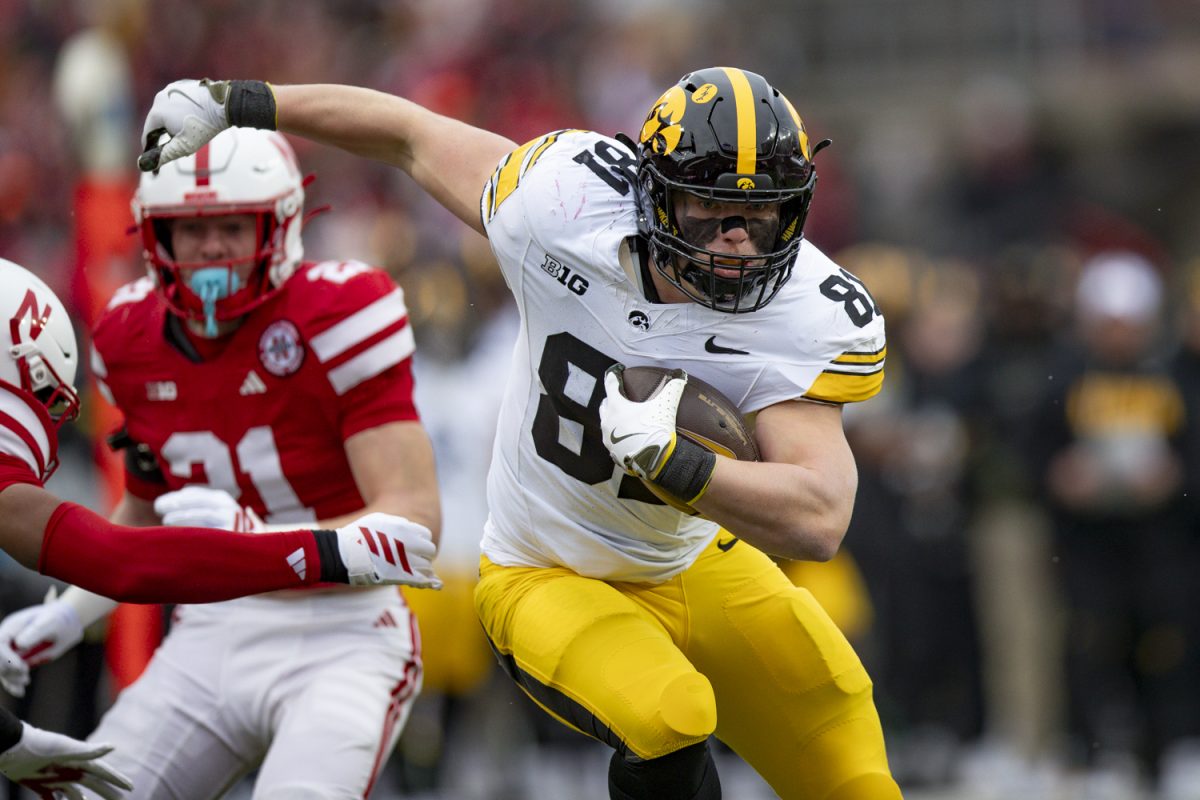 Iowa wide receiver DJ Vonnahme runs the ball during a football game between Iowa and Nebraska at Memorial Stadium in Lincoln, Nebraska on Friday, Nov. 28, 2025. The Hawkeyes defeated the Cornhuskers 40-16.