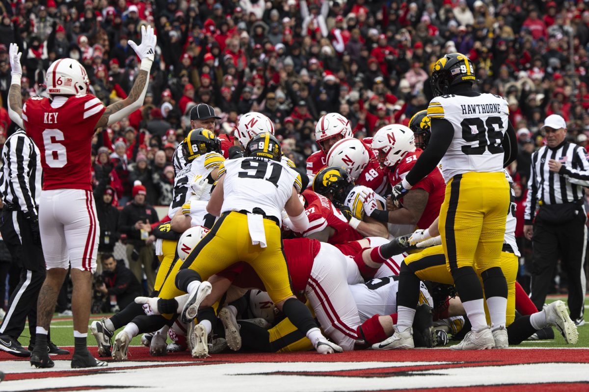 Nebraska wide receiver Dane Key motions for a touch down during a football game between Iowa and Nebraska at Memorial Stadium in Lincoln, Nebraska on Friday, Nov. 28, 2025. The Hawkeyes defeated the Cornhuskers 40-16.