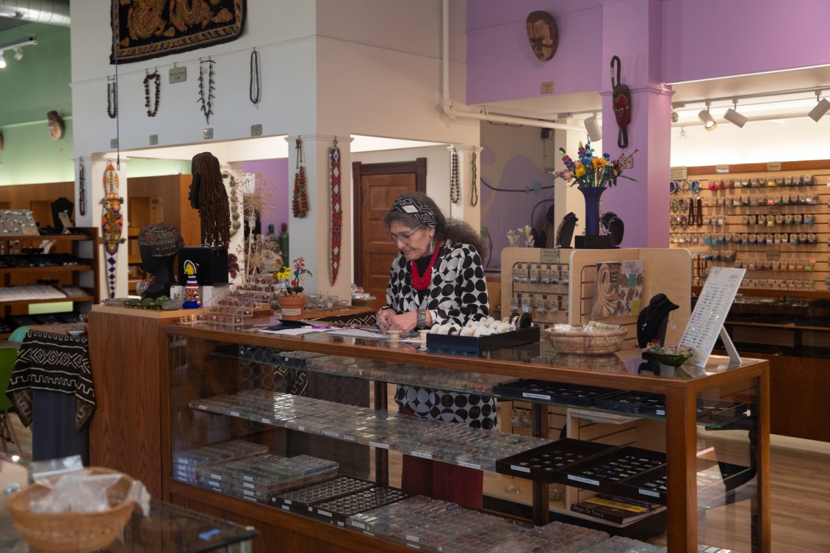 Karen Kubby, co-owner of Beadology and new ICDD member, constructs a custom ordered necklace at her work station at Beadology in Iowa City, Iowa, on Nov. 3, 2025. The store carries handmade jewelry, tools, beadwork supplies, and offer many classes in jewelry making.