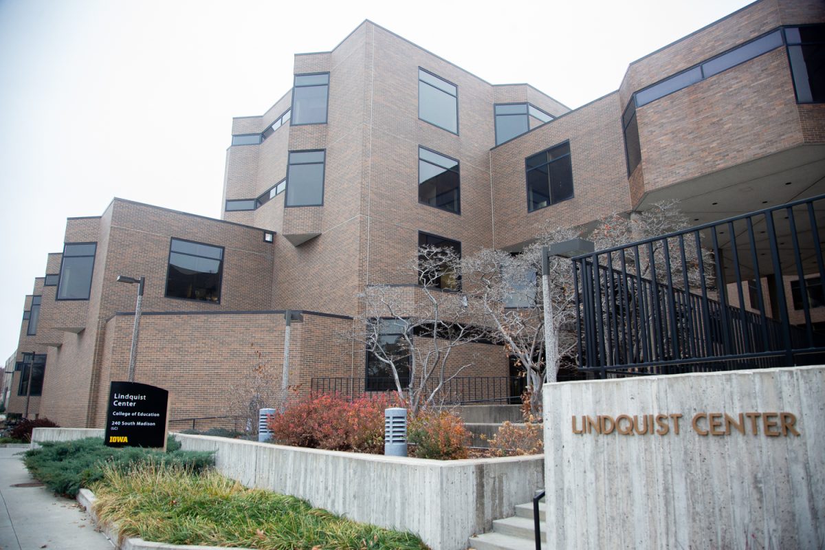 The College of Education building, Lindquist Center, is seen in Iowa City on Thursday, Nov. 20, 2025. It’s home to four majors including Teaching and Learning which offers tracks such as Elementary, English, Mathematics, Sciences, and Social Studies Education.