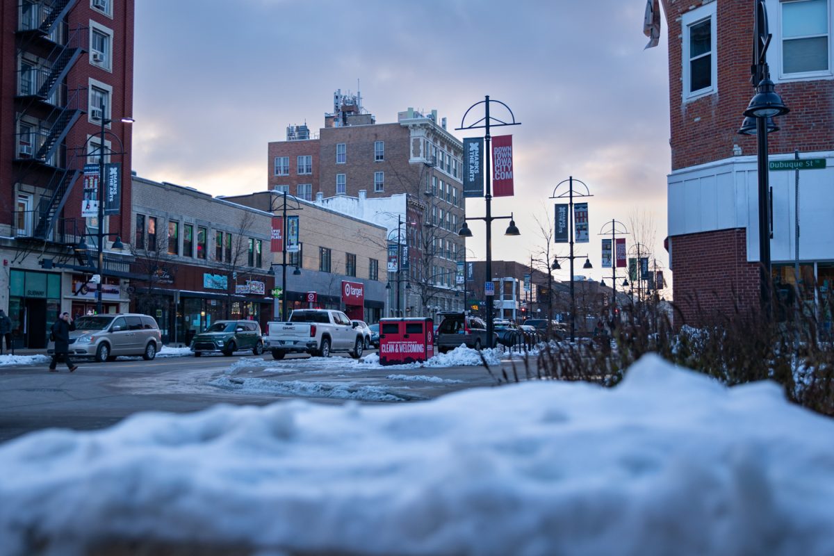 Snowy street view on Dubuque Street in Downtown Iowa City, Iowa on Wednesday, Dec. 3, 2025. 