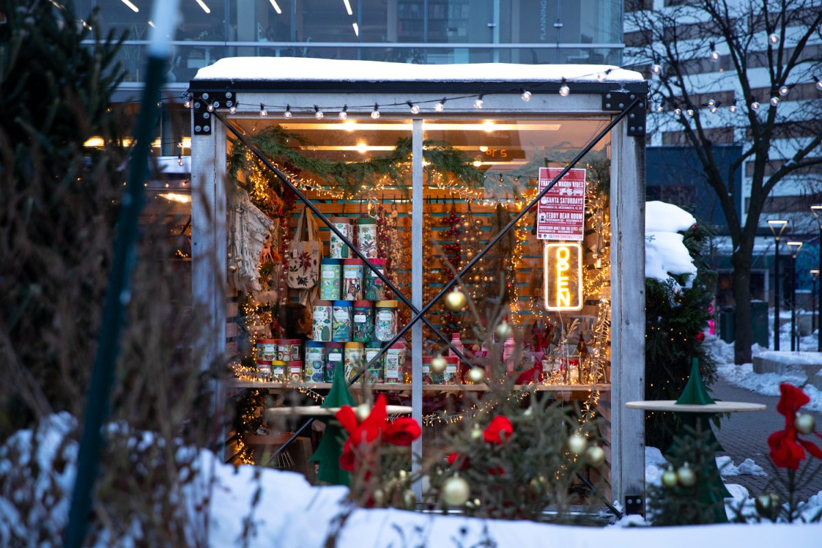 Holiday pop-up shops are set up in Downtown Iowa City, Iowa on Wednesday, Dec. 3, 2025. The recent winter storm has disrupted multiple small businesses in the Iowa City Downtown District.