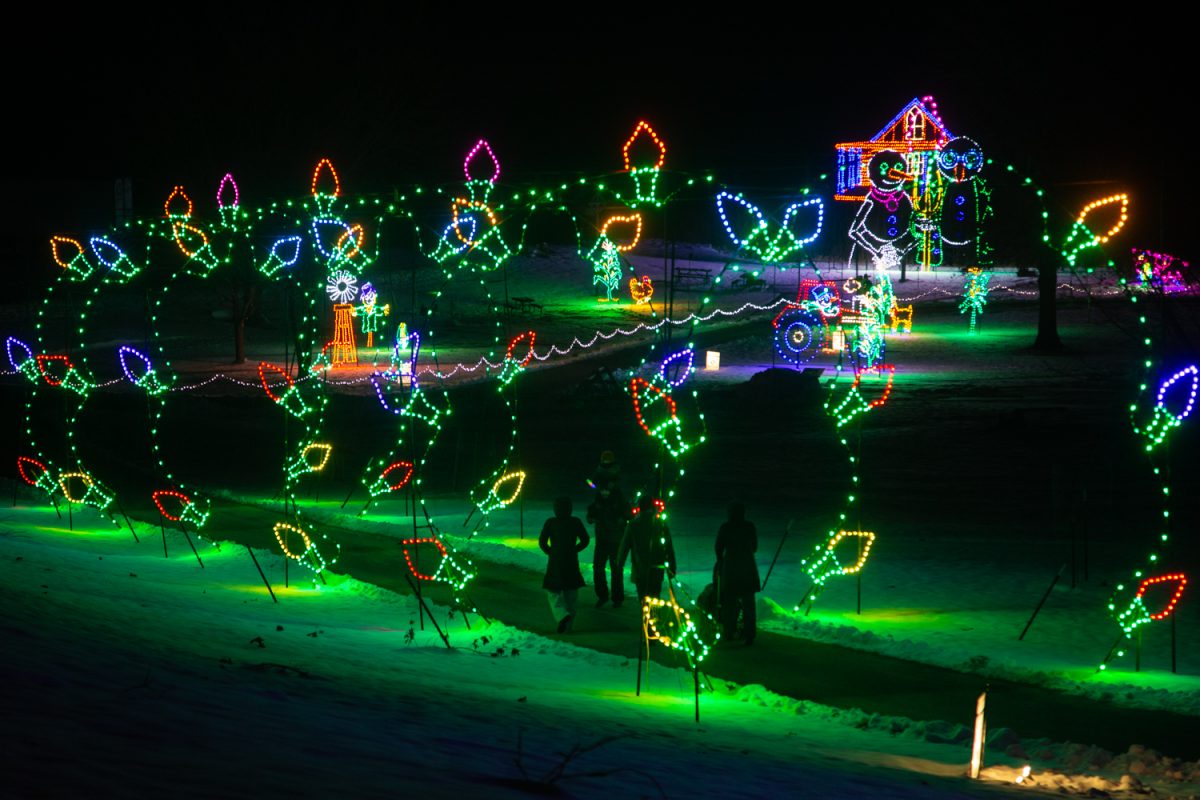 Attendees are seen walking through Holiday Lights at the Lake in Iowa City, Iowa on Wednesday, Dec. 3, 2025. They are celebrating their fifth year in the community as a drive-through light show. On Wednesdays the event is open for walk-throughs instead of drive-throughs.