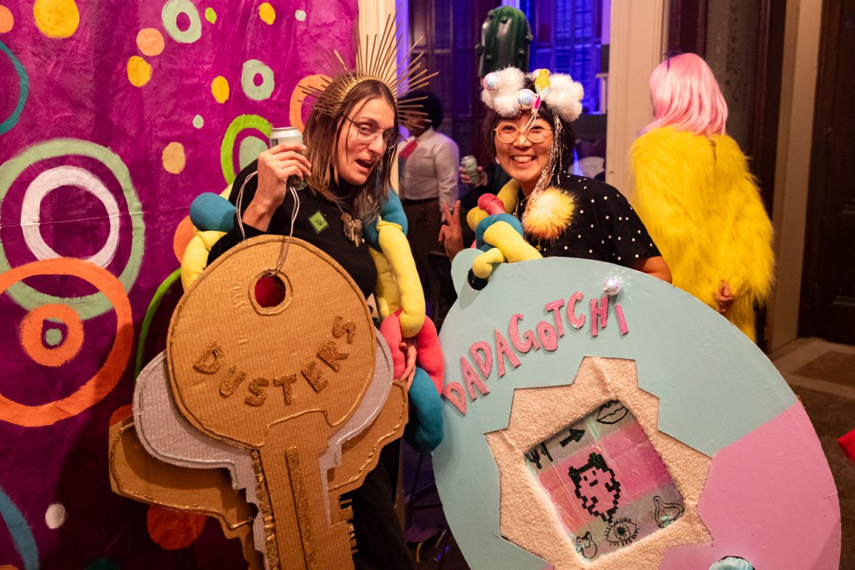 Satomi Kawai poses in a ÒDadagotchiÓ costume during the 23rd Dada Prom at Public Space One in Iowa City on Saturday, Dec. 7, 2025. Multiple artists contributed to the annual surrealist art installation, where attendees showed up in costume and enjoyed drinks, games, and food.