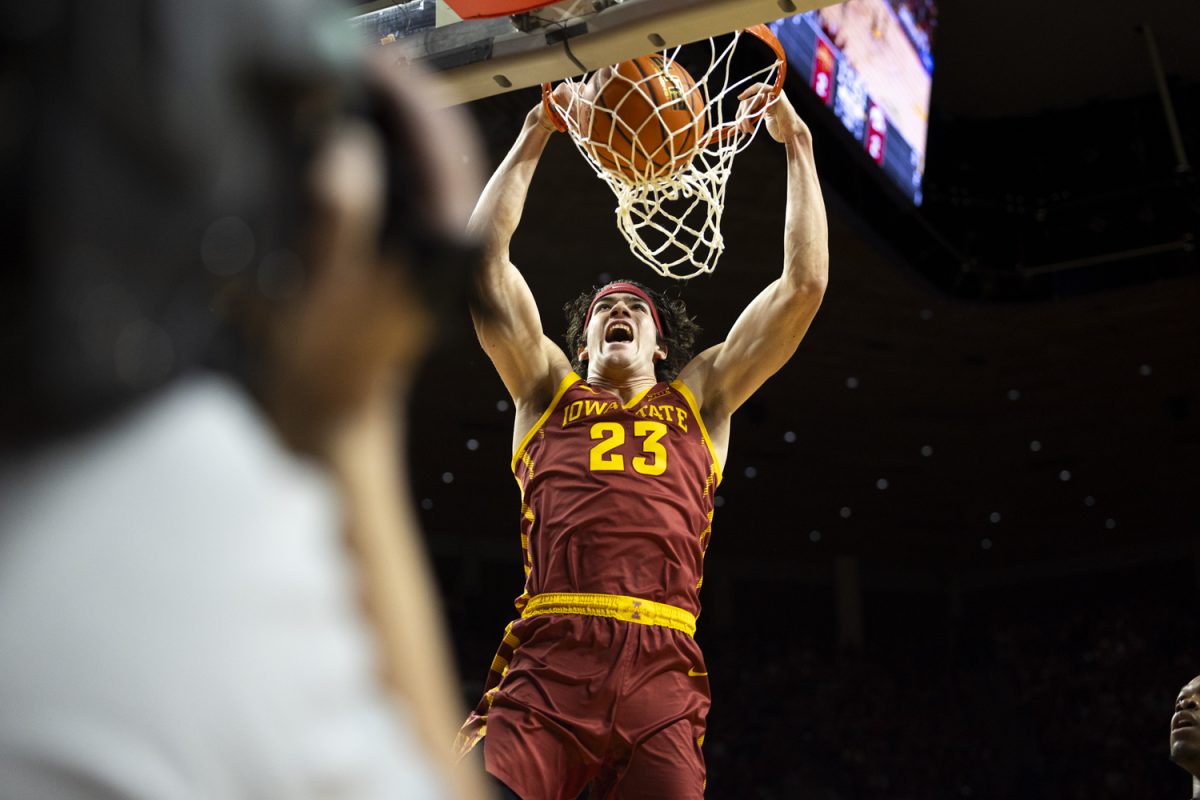 Iowa State forward Blake Buchanan dunks the ball during a men’s basketball game between the Iowa Hawkeyes and the Iowa State Cyclones at the Hilton Coliseum in Ames, Iowa on Thursday, Dec. 11, 2025. The Hawkeyes fell to the Cyclones 66-62. (Samantha DeFily/The Daily Iowan)