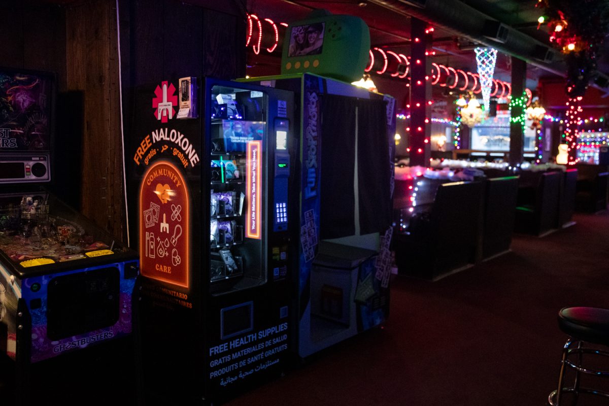 A harm reduction vending machine at Deadwood Tavern in Iowa City, Iowa on Dec. 14, 2025. Deadwood Tavern is home to Iowa City’s only location for a harm reduction vending machine.
