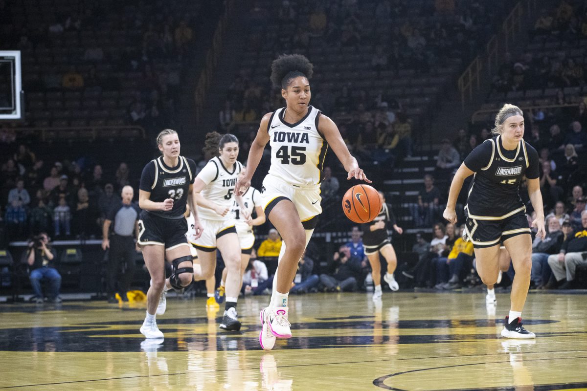 Iowa senior forward Hannah Stuelke runs with a steal in a game between No.11 Iowa and Lindenwood at Carver-Hawkeye Arena on Saturday, Dec. 13, 2025. The Hawkeyes lead the Lions 50-34 at the half.