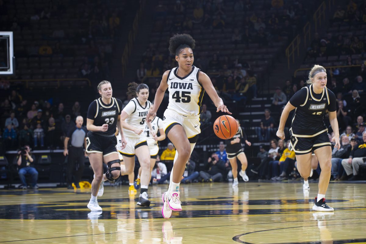 Iowa senior forward Hannah Stuelke runs away with a steal at a game between No.11 Iowa and Lindenwood at Carver-Hawkeye Arena on Saturday, Dec. 13, 2025. Stuelke had a 31 point game, this is the most points in a single game she has had this season. The Hawkeyes defeat the Lions 102-68 in dominant win.