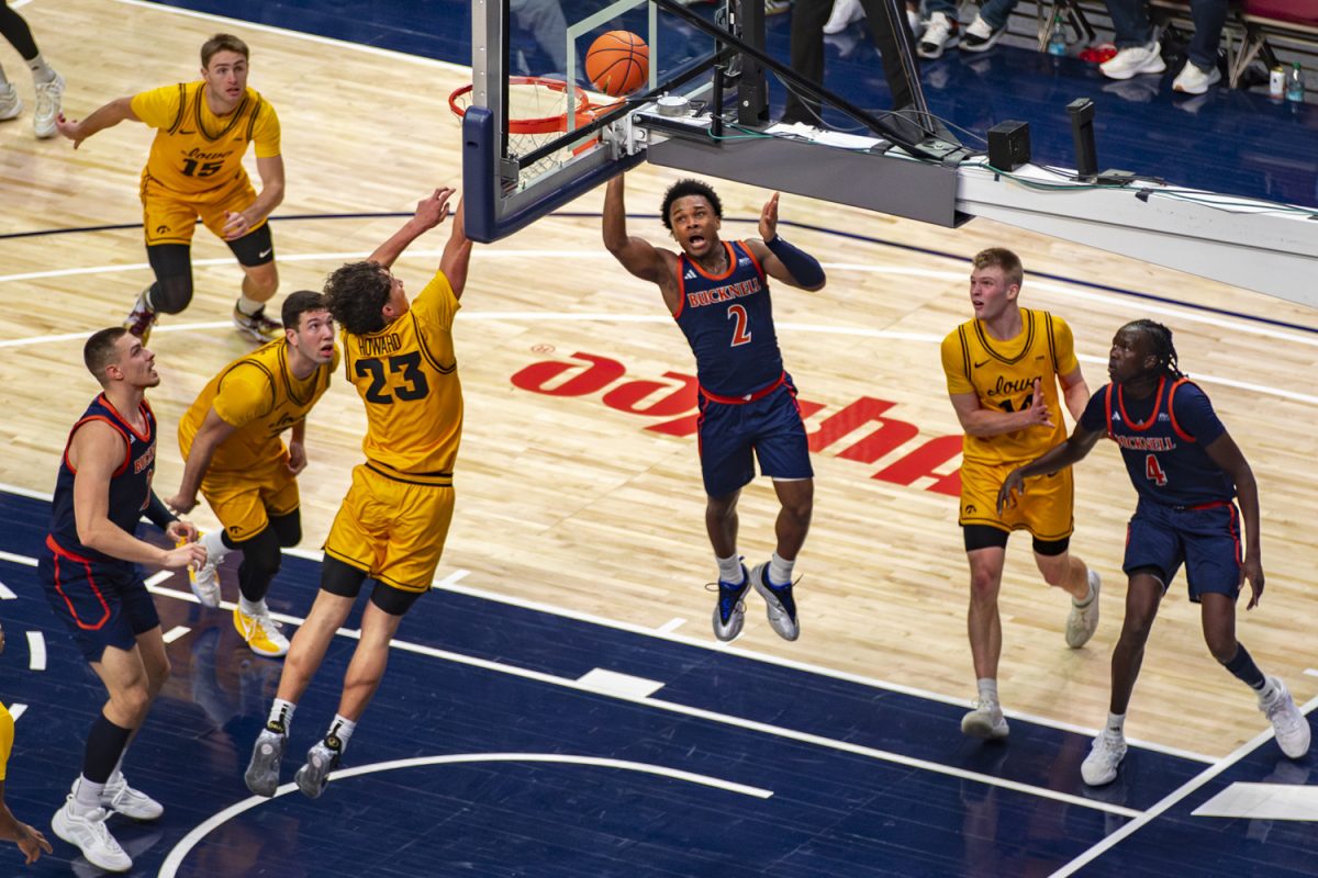 Bucknell guard Jayden Williams throws up a shot during a basketball game between the Iowa Hawkeyes and the Bucknell Bisons at the Casey’s Center in Des Moines, Iowa on Saturday, Dec. 20, 2025. The Hawkeyes defeated the Bisons 94-39.