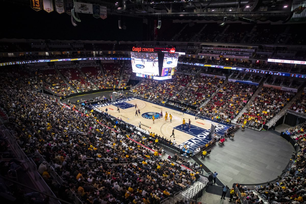 The court is seen during a basketball game between the Iowa Hawkeyes and the Bucknell Bisons at the Casey’s Center in Des Moines, Iowa on Saturday, Dec. 20, 2025. The Hawkeyes defeated the Bisons 94-39.