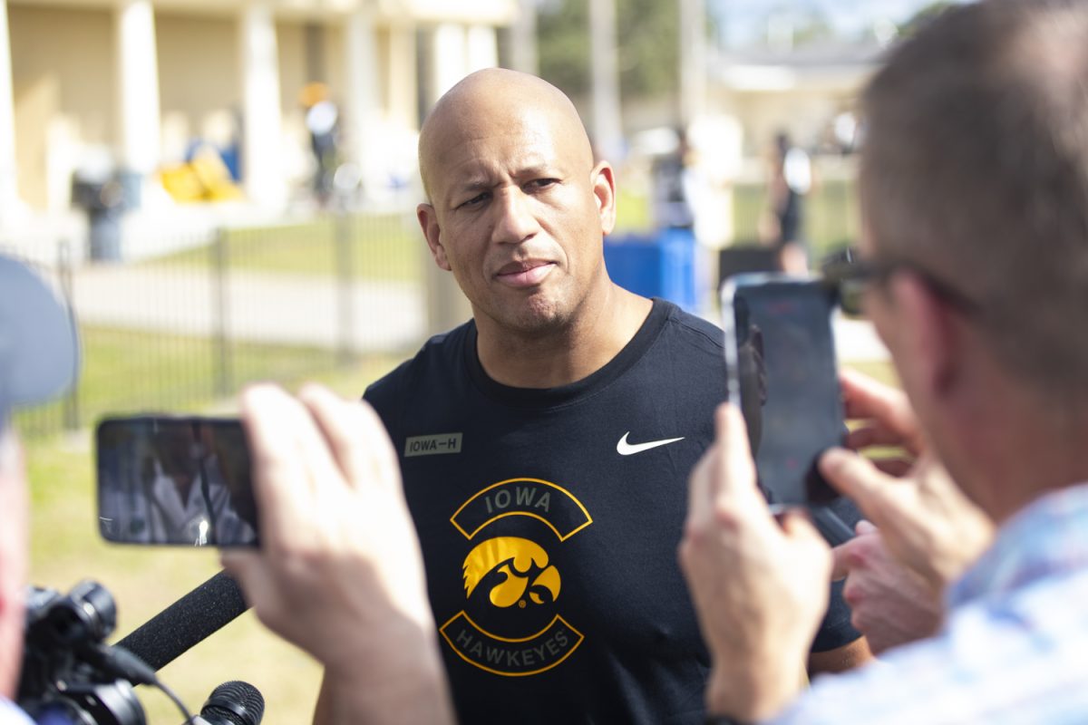 Iowa special teams coordinator LeVar Woods speaks to the media during an Iowa football practice at Berkeley Preparatory School in Tampa, Florida on Saturday, Dec. 27, 2025. The Iowa Hawkeyes and the No. 14 Vanderbilt Commodores will face off in the 2025 ReliaQuest Bowl on Wednesday, Dec. 31, at Raymond James Stadium. (Samantha DeFily/The Daily Iowan)