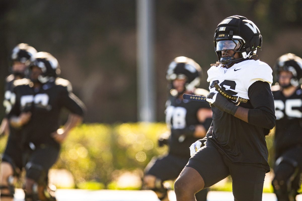 Vanderbilt defensive lineman Khordae Sydnor warms up during a Vanderbilt football practice at Tampa Jesuit High School in Tampa, Florida, on Saturday Dec 27, 2025. The Iowa Hawkeyes and the Vanderbilt Commodores will face off in the 2025 ReliaQuest Bowl on Wednesday, Dec. 31, at Raymond James Stadium. (Emma Calabro/The Daily Iowan)
