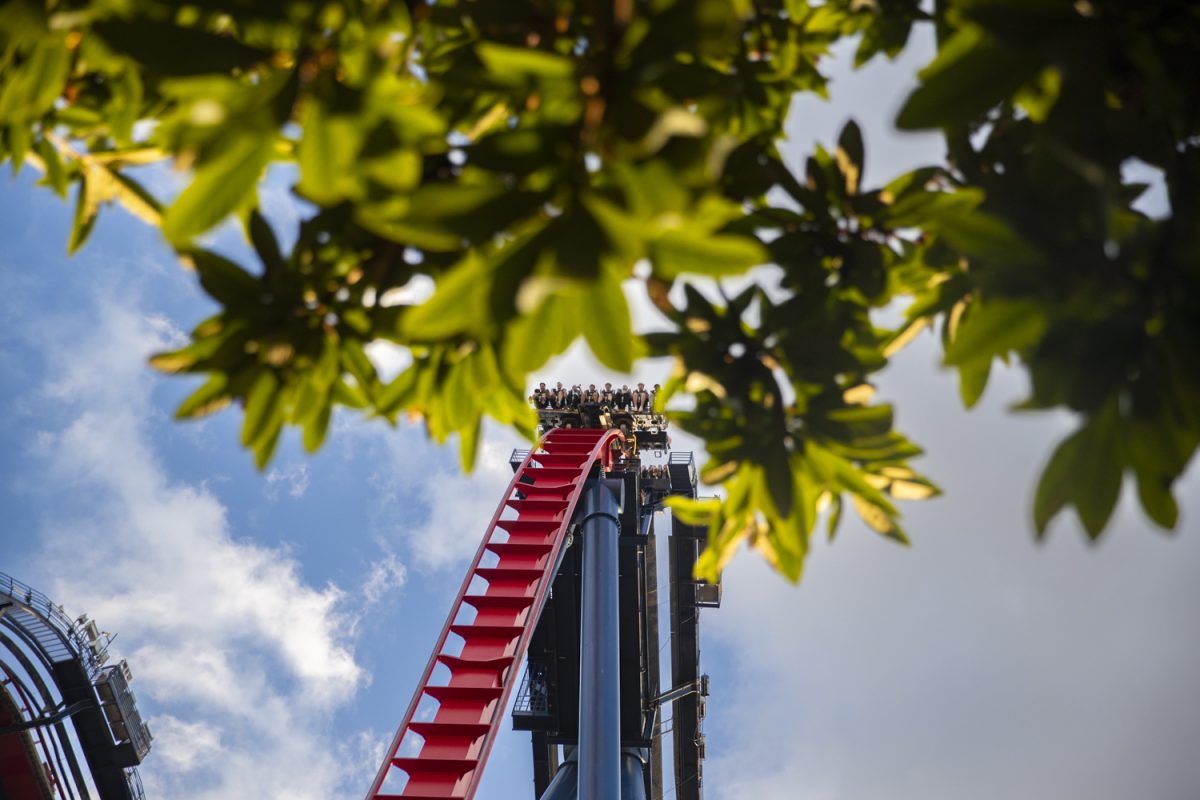 Players ride the SheiKra during an Iowa football visit to Busch Gardens in Tampa, Florida on Sunday, Dec. 28, 2025. The Hawkeyes face the No. 13 Vanderbilt Commodores on Dec. 31 for the ReliaQuest Bowl. (Samantha DeFily/The Daily Iowan)