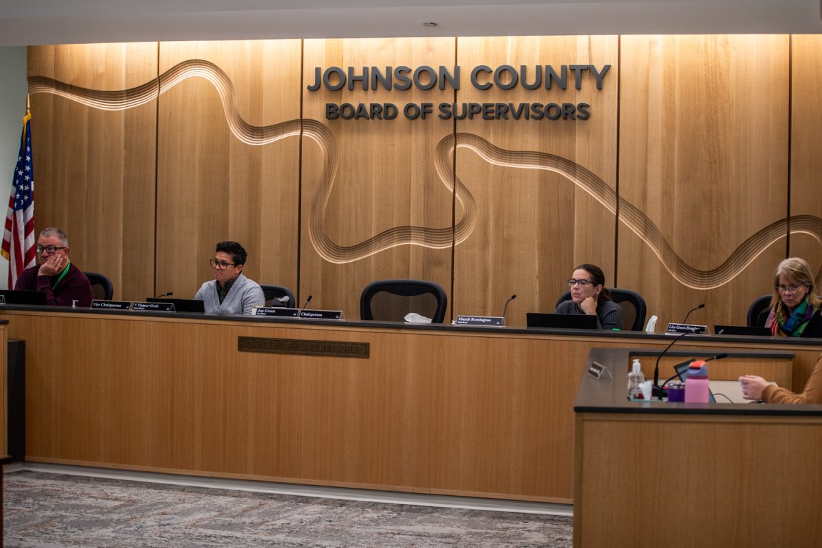 The Board of Supervisors listen to a presentation at the Johnson County Board of Supervisors meeting on Wednesday, Dec. 3, 2025 in Iowa City, IA.