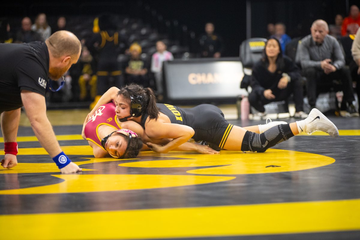 Iowa 110-pound Nyla Valencia pins Colorado No. 9 Adriana Gomez at the No. 1 Iowa Hawkeyes vs No. 5 Colorado Mesa women’s wrestling match on Sunday, Dec. 7, 2025. Valencia won her match by fall at 0:59 against Gomez. The Hawkeyes dominated the first match 36-8, and afterwards hosted the Oklahoma State club and won 39-4.