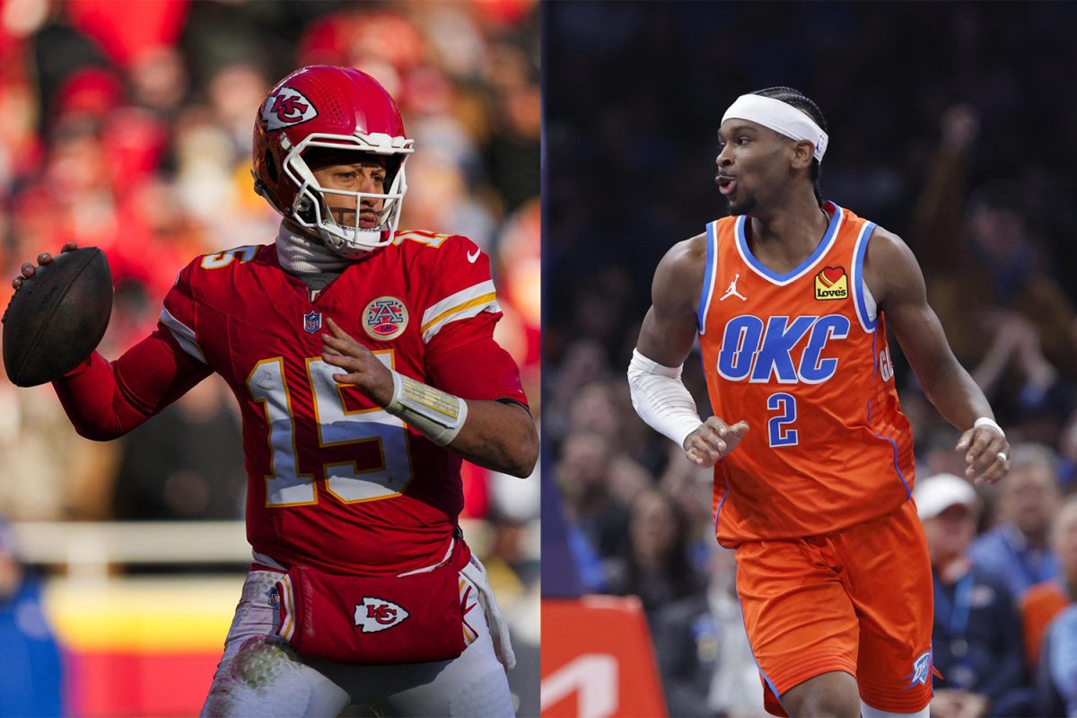 (LEFT) Dec 14, 2025; Kansas City, Missouri, USA; Kansas City Chiefs quarterback Patrick Mahomes (15) looks to pass against the Los Angeles Chargers during the second quarter at GEHA Field at Arrowhead Stadium. (Jay Biggerstaff-Imagn Images) (RIGHT) Dec 10, 2025; Oklahoma City, Oklahoma, USA; Oklahoma City Thunder guard Shai Gilgeous-Alexander (2) reacts after a play against the Phoenix Suns during the second quarter at Paycom Center. (Alonzo Adams-Imagn Images)