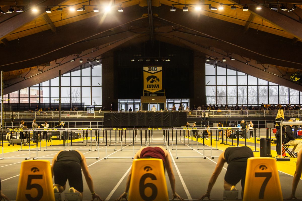 Athletes prepare for the Men’s 60m Hurdle finals during the Hawkeye Track & Field Invitational at the Hawkeye Indoor Track Facility in Iowa City, Iowa on Saturday, Jan. 10, 2026. The two-day invite hosts the teams of Western Illinois, Northern Iowa, State. Ambrose, Iowa Central CC, Iowa, Hawkeye CC, Des Moines Area CC, and Culver-Stockton.