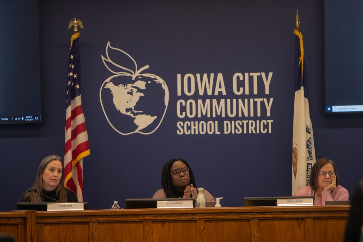 President Ruthina Malone listens to a proposal for the removal of plastic silverware in student lunches. The Iowa City Community School District met for a final time this year on Tuesday, Dec. 9, 2025.