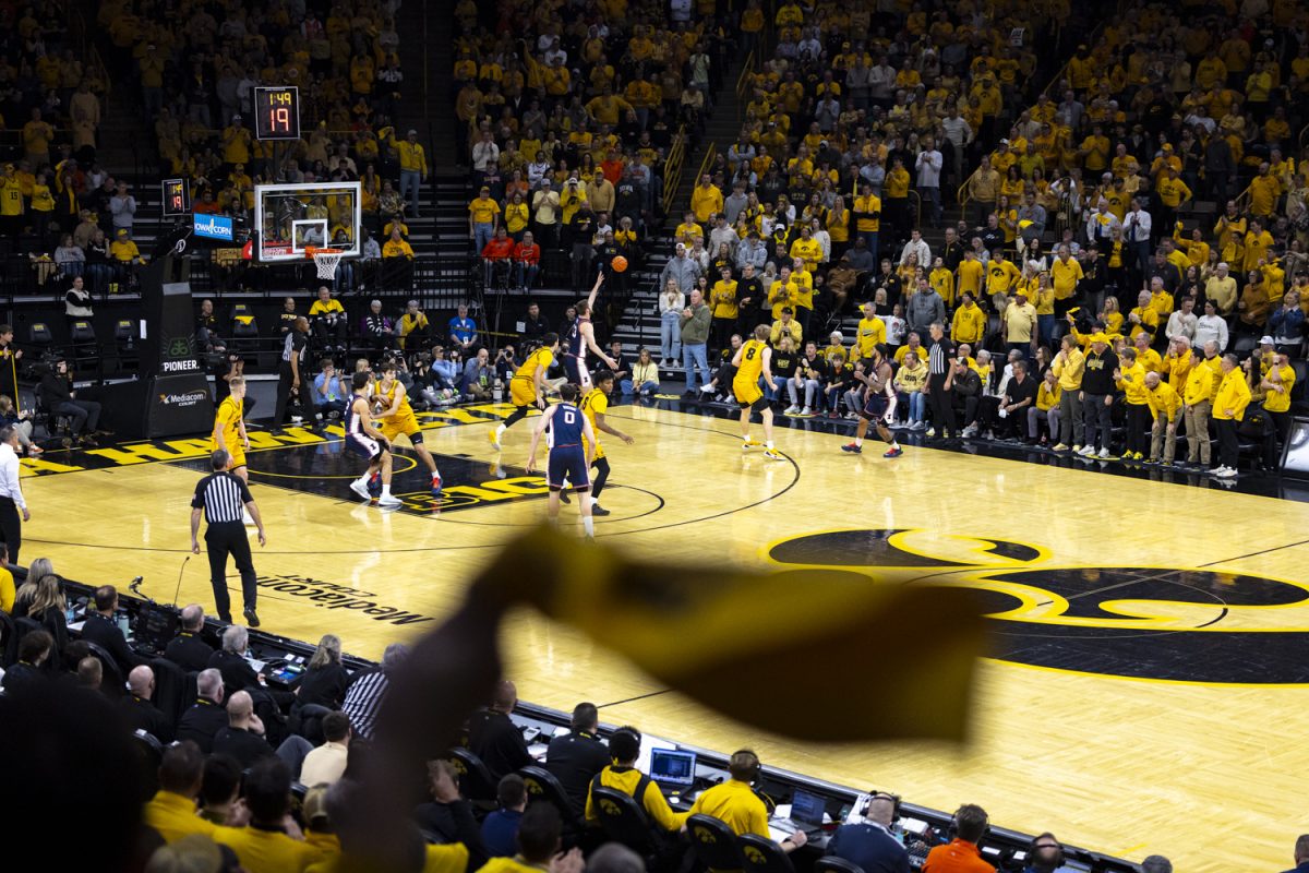 The court is seen during a basketball game between the No. 19 Iowa Hawkeyes and the No. 16 Illinois Fighting Illini at Carver-Hawkeye Arena on Sunday, Jan. 11, 2026. Iowa now has a record of 2-3 in the Big Ten Conference. The Fighting Illini defeated the Iowa Hawkeyes 75-69. (Samantha DeFily/The Daily Iowan)