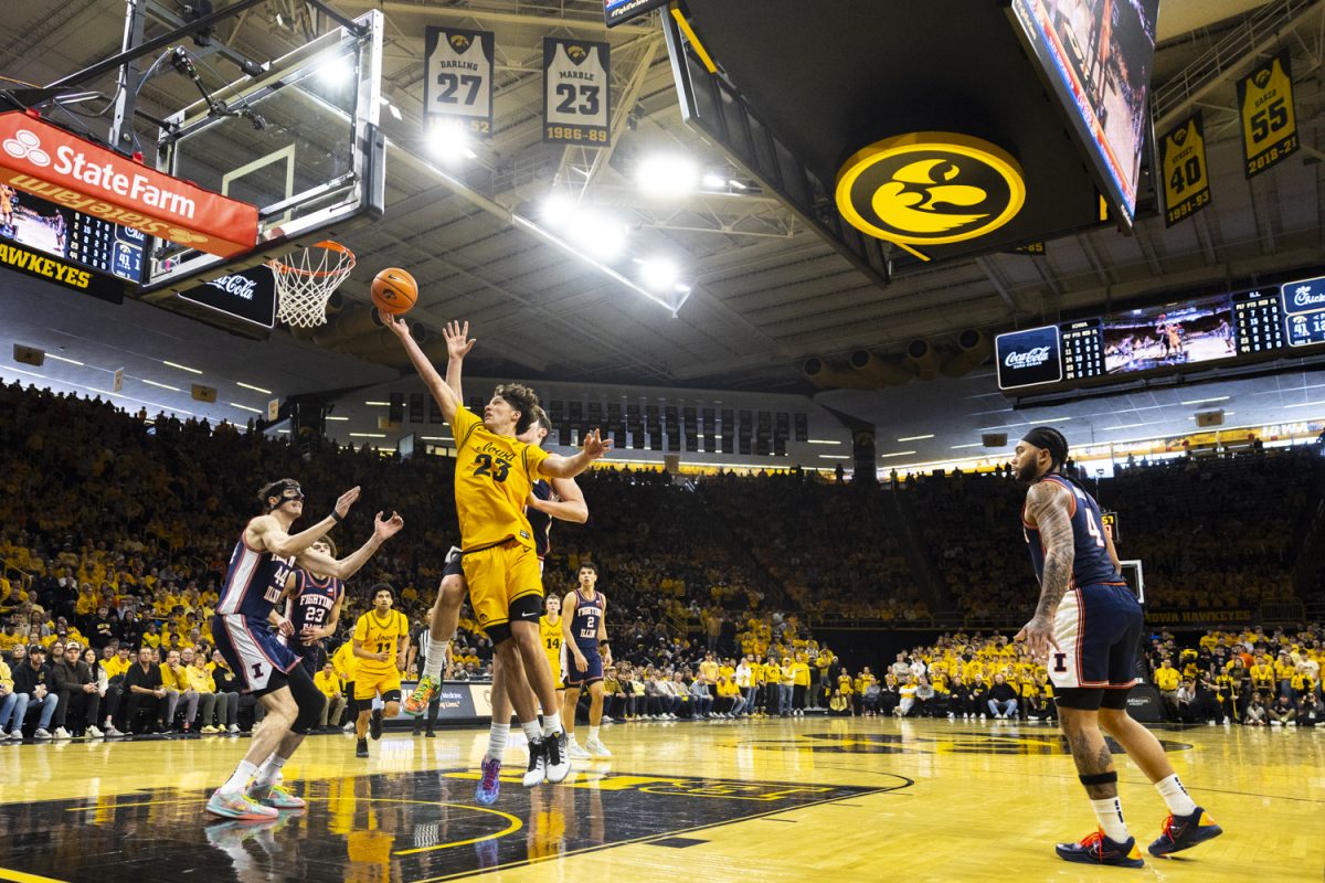 Iowa guard Isaia Howard goes for a layup during a basketball game between the No. 19 Iowa Hawkeyes and the No. 16 Illinois Fighting Illini at Carver-Hawkeye Arena on Sunday, Jan. 11, 2026. Howard added seven points. The Fighting Illini defeated the Iowa Hawkeyes 75-69. (Samantha DeFily/The Daily Iowan)