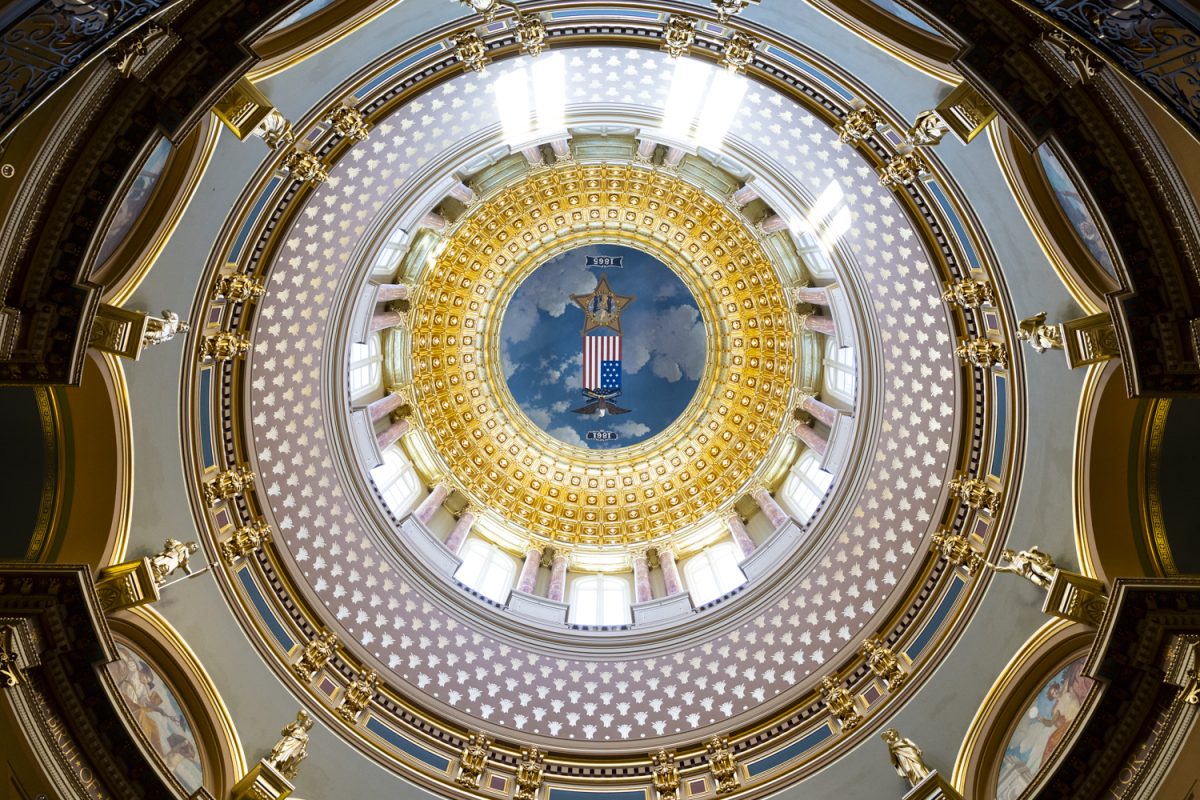 The ceiling is seen during the first day of the 2026 Iowa legislative session at the Iowa State Capitol in Des Moines on Monday, Jan. 12, 2026. (Samantha DeFily/The Daily Iowan)