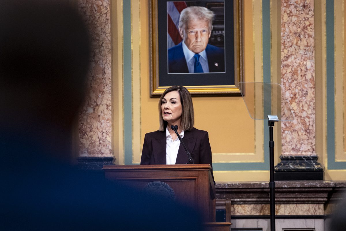 Iowa Gov. Kim Reynolds gives the Condition of the State address  during the second day of the 2026 Iowa legislative session at the Iowa State Capitol in Des Moines on Tuesday, Jan. 13, 2026.