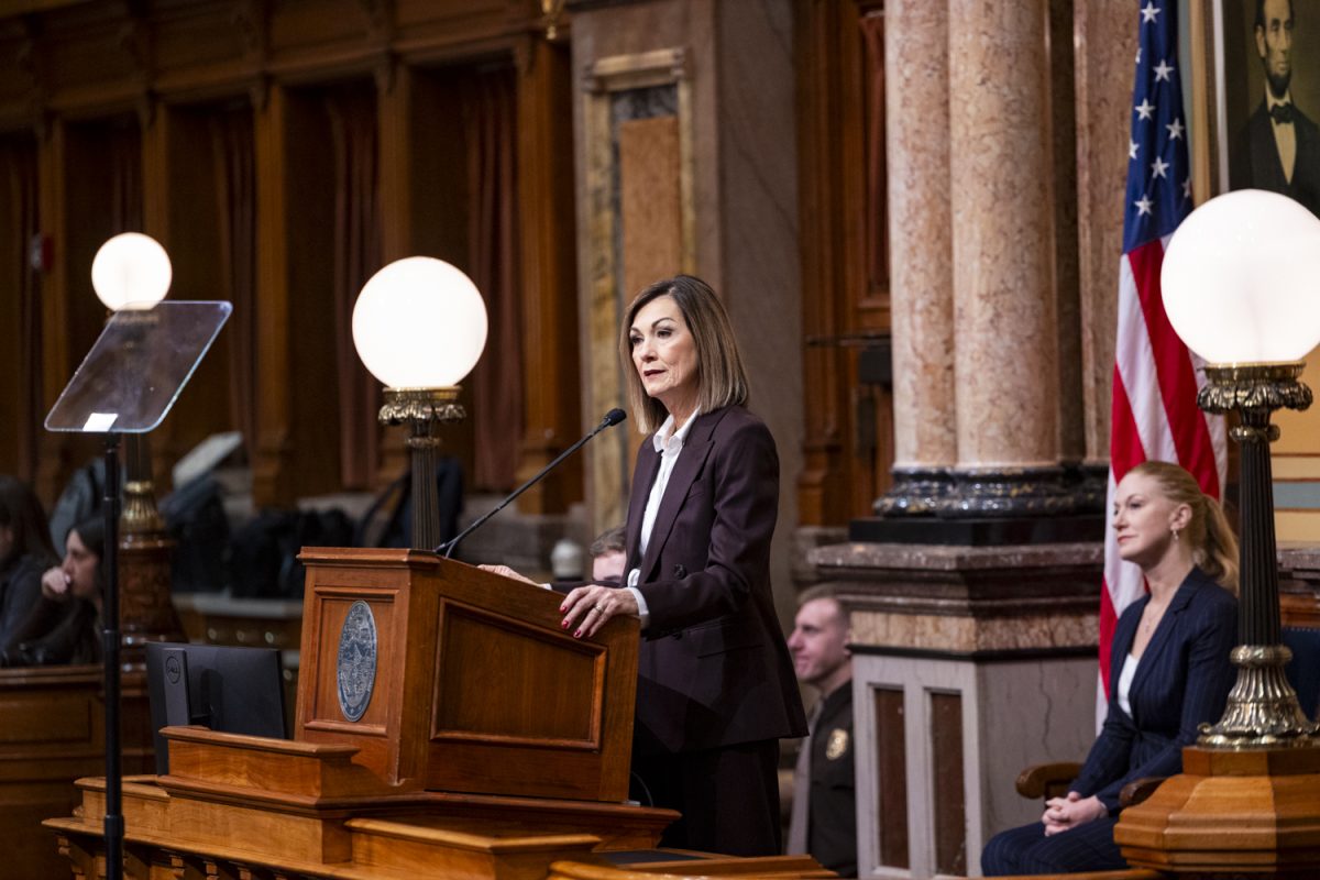 Iowa Gov. Kim Reynolds gives the Condition of the State address during the second day of the 2026 Iowa legislative session at the Iowa State Capitol in Des Moines on Tuesday, Jan. 13, 2026. (Samantha DeFily/The Daily Iowan)