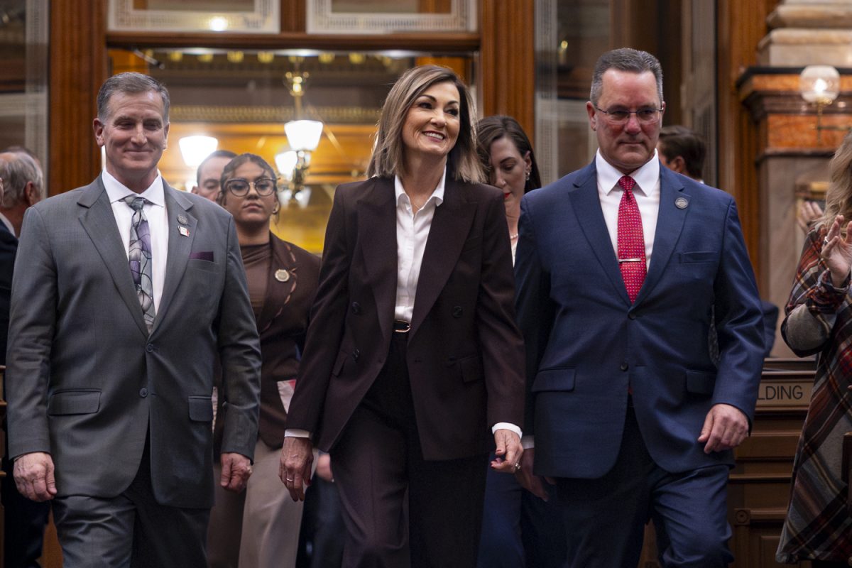 Iowa Gov. Kim Reynolds walks on to the House floor during the second day of the 2026 Iowa legislative session at the Iowa State Capitol in Des Moines on Tuesday, Jan. 13, 2026. (Samantha DeFily/The Daily Iowan)