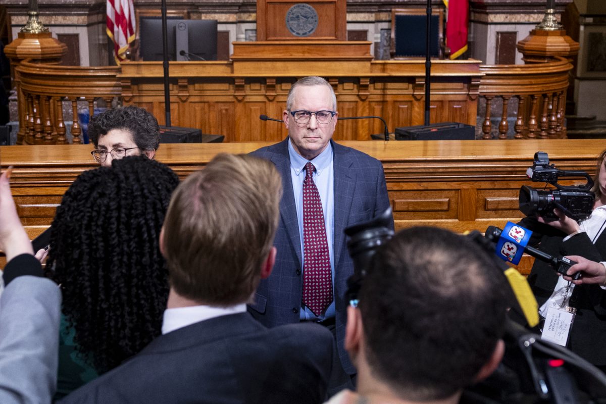 Iowa Sen. Minority Leader Janice Weiner, D-Iowa City, and House Minority Leader Brian Meyer, D-Des Moines, speaks to the media during the second day of the 2026 Iowa legislative session at the Iowa State Capitol in Des Moines on Tuesday, Jan. 13, 2026. (Samantha DeFily/The Daily Iowan)