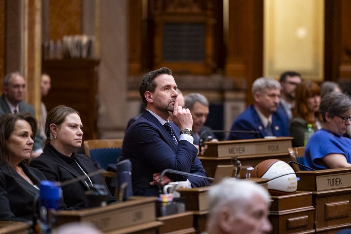 Iowa Rep. Josh Turek, D-Pottawattamie, watches the Condition of the State address during the second day of the 2026 Iowa legislative session at the Iowa State Capitol in Des Moines on Tuesday, Jan. 13, 2026. (Samantha DeFily/The Daily Iowan)