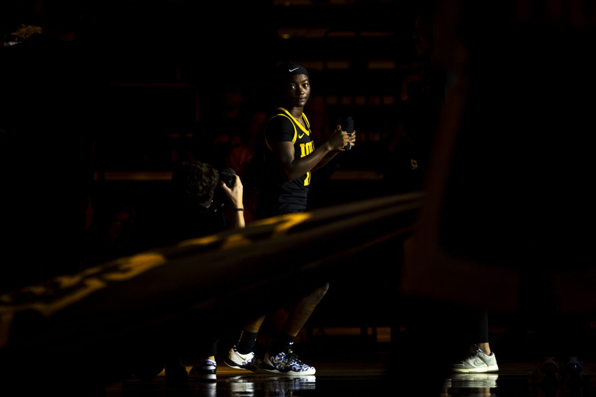 Iowa guard Chazadi Wright walks out onto the court before an Iowa women’s basketball game against Oregon on Thursday, Jan. 15, 2026, at Carver-Hawkeye Arena in Iowa City, Iowa. Wright accumulated nine points. (Samantha DeFily/The Daily Iowan)