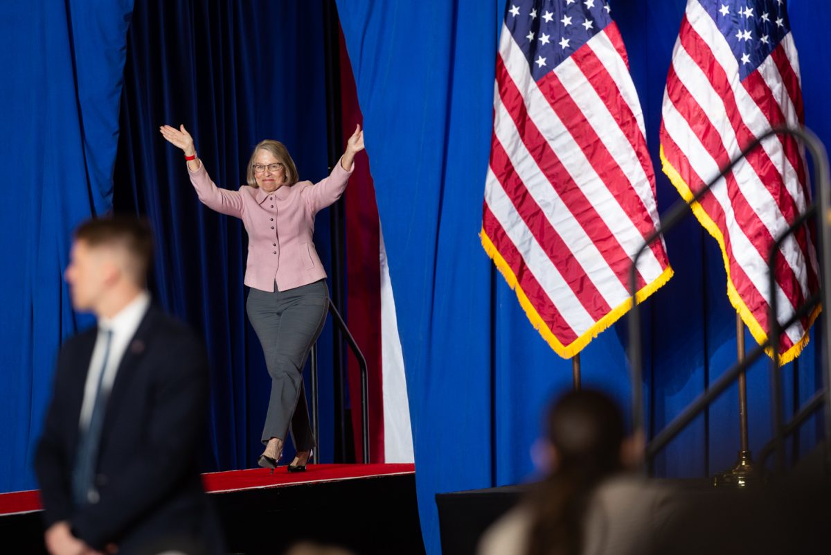 U.S. Rep. Mariannette Miller Meeks, R-Iowa,  greets the crowd during a rally for President Donald Trump in Clive, Iowa on Tuesday, Jan. 27, 2026. Miller-Meeks addressed the crowd leading up to the president’s speech. (Ethan McLaughlin/The Daily Iowan)
