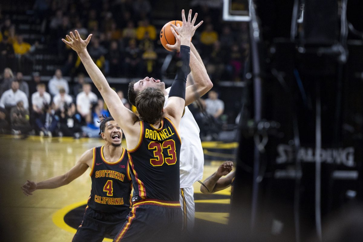 Iowa forward Alvaro Folgueiras goes for a layup during a basketball game between the Iowa Hawkeyes and the Southern California Trojans at Carver-Hawkeye Arena on Wednesday, Jan. 28, 2026. The Hawkeyes defeated the Trojans 73-72.
