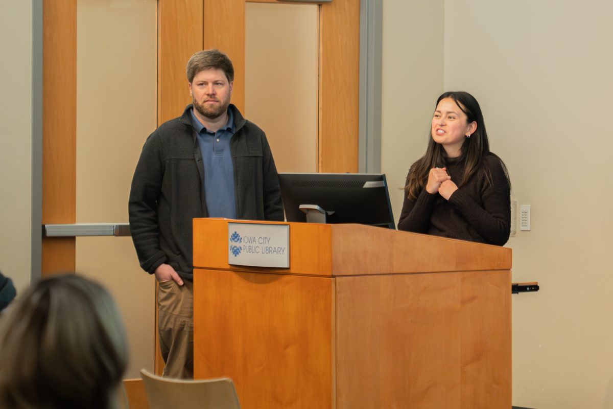 Dan and Madi listen to an attendee ask a question during a field mediation event at the public library in Iowa City, Iowa on Tuesday, Jan. 27th, 2026. (Andy Espineira/The Daily Iowan)