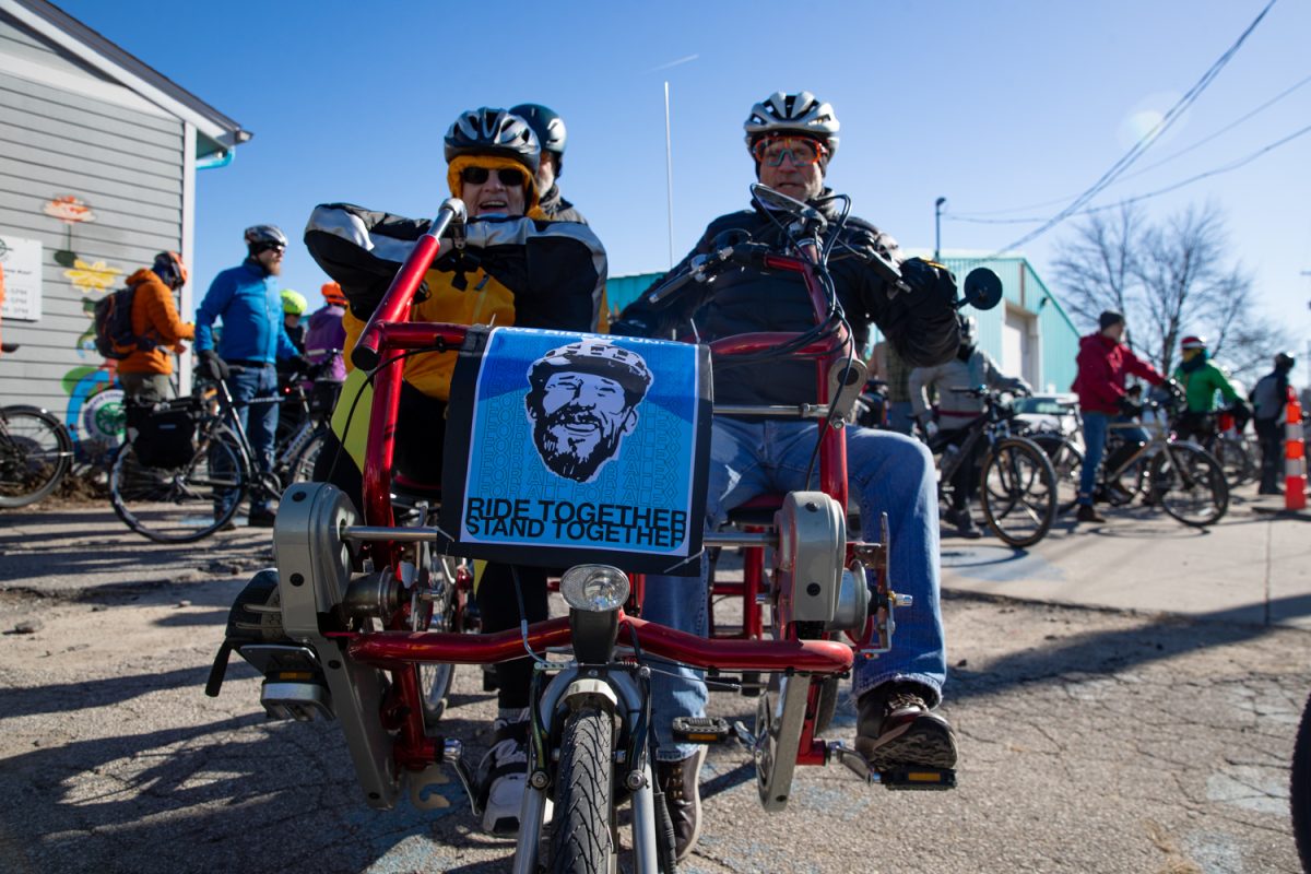 93-year old Al Hood and his friend ride together during a bike ride on Saturday, Jan. 31, 2026, in solidarity with Alex Pretti, an ICU nurse and bicyclist who was shot and killed by ICE on Jan. 24. The ride was organized by the Bicycle Fun Club and began at the Bike Library before continuing around Iowa City. Riders chanted and held protest signs. (Ava Neumaier / The Daily Iowan)