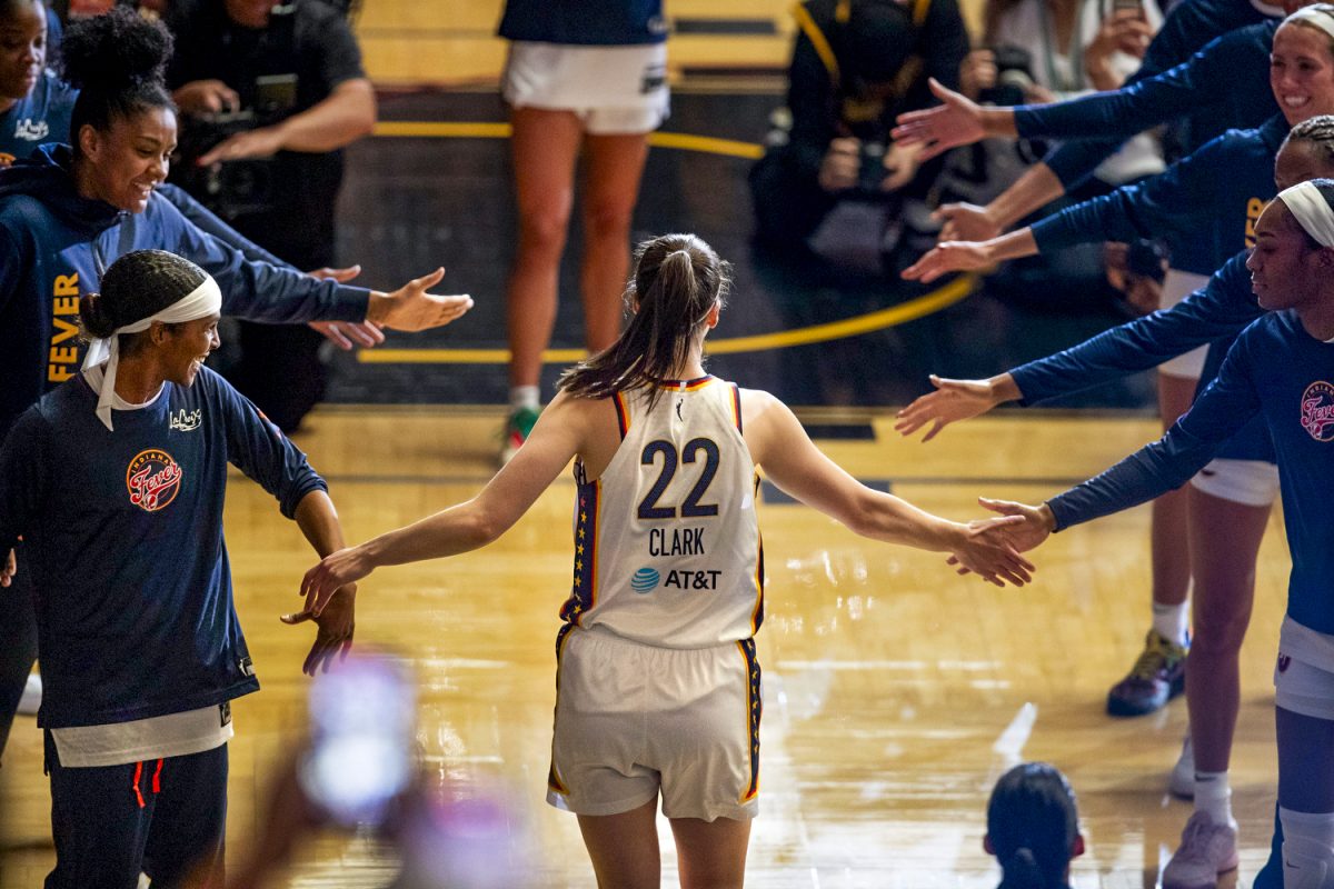 Indiana guard Caitlin Clark is introduced during a preseason game between the Indiana Fever and Brazilian National team at Carver-Hawkeye Arena in Iowa City on Sunday, May 4, 2025. The Fever defeated Brazil, 108-44.