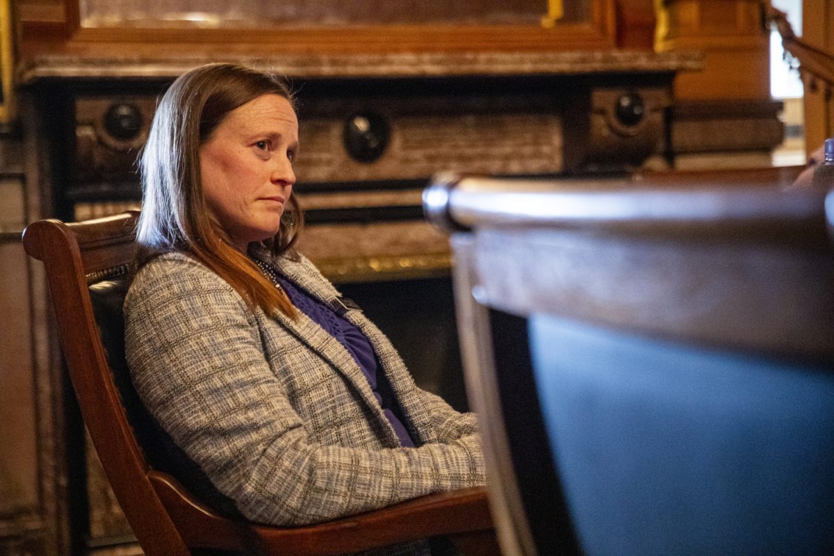 Iowa Rep. Elinor Levin, D. Johnson, listens to a speaker in the Supreme Court Consultation room during a House Education Subcommittee meeting at the Iowa State Capitol building in Des Moines on Tuesday, Feb. 18, 2025. 