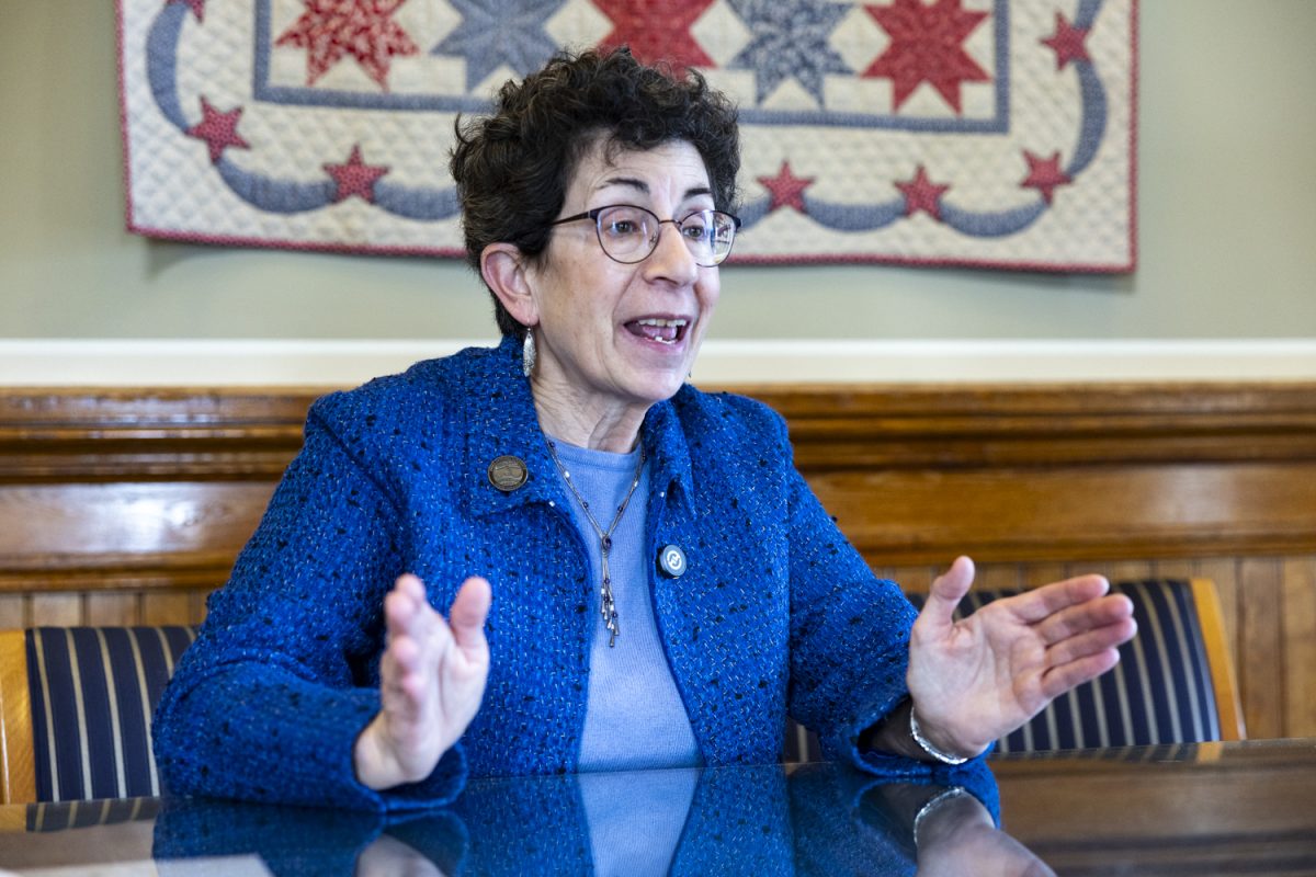 Sen. Minority Leader Janice Weiner, D-Iowa City, speaks to the media during the first day of the 2026 Iowa legislative session at the Iowa State Capitol in Des Moines on Monday, Jan. 12, 2026.