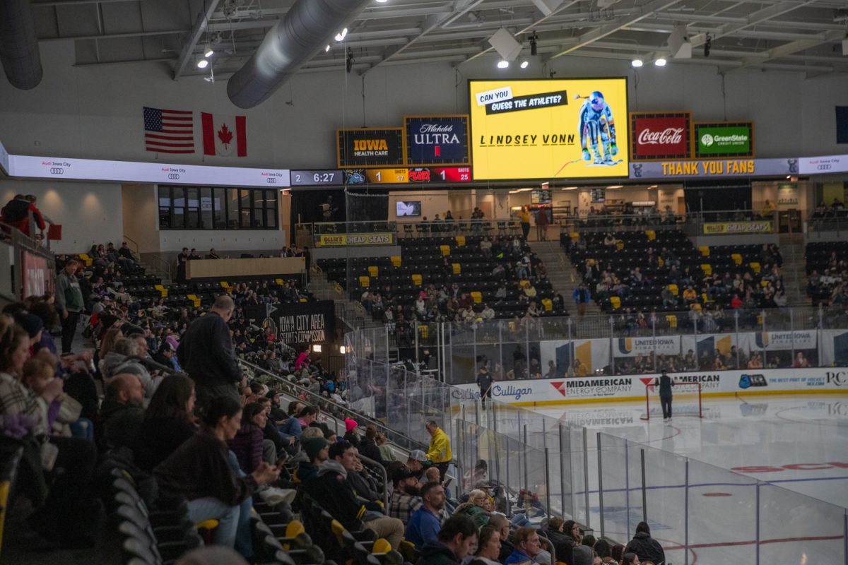 A trivia quiz on female athletes is put on the jumbotron  during the Iowa Heartlanders game against the Indy Fuel on Saturday, Jan. 31, 2026, at the Xtream Arena in Coralville, Iowa. The theme of the night was “EmpowerHer: Celebrating Women in Sports” and various female athletes from the Iowa City area attended the event.