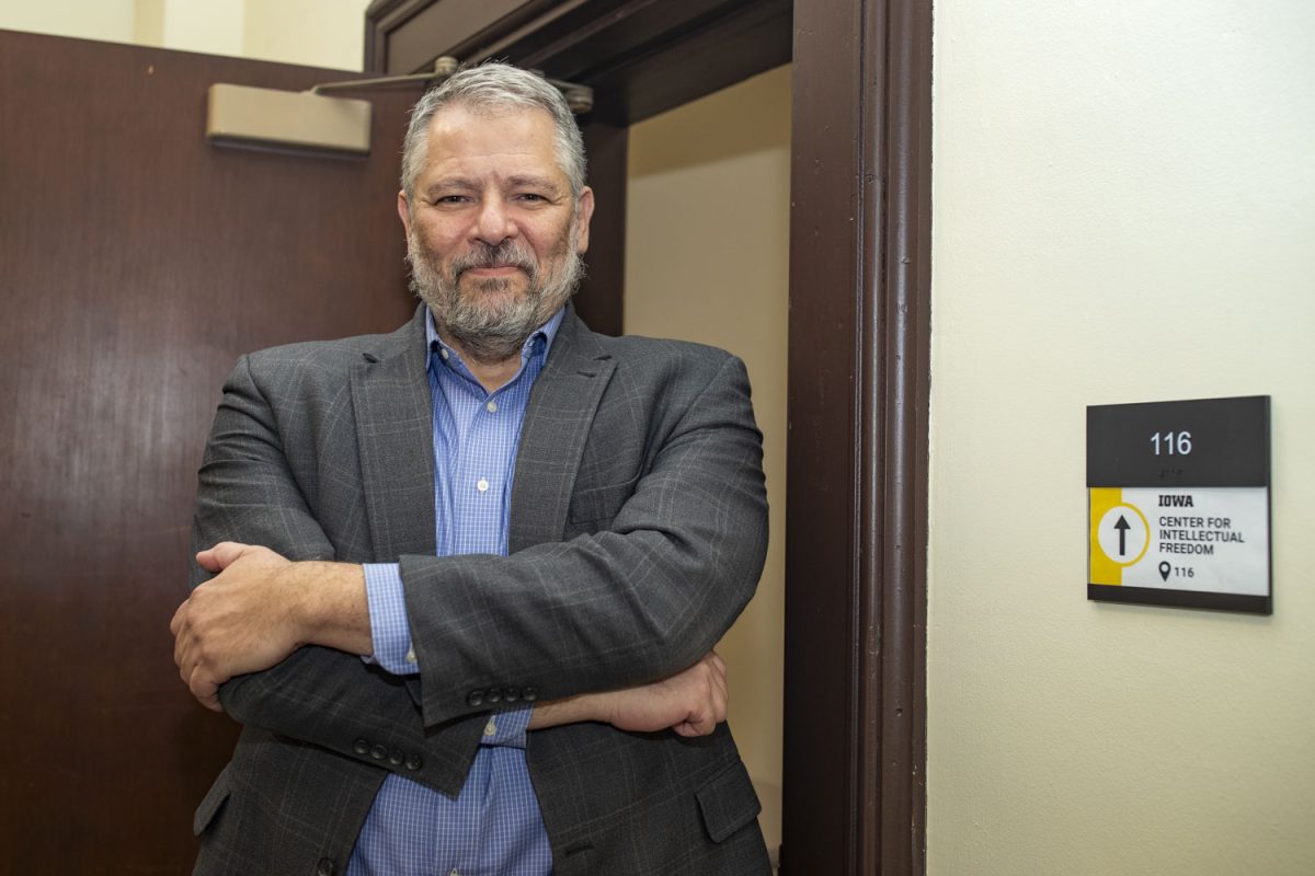 Luciano I. De Castro poses for a portrait outside of the Center for Intellectual Freedom in Calvin Hall on Monday, Feb. 2, 2026. (Emma Calabro/The Daily Iowan)