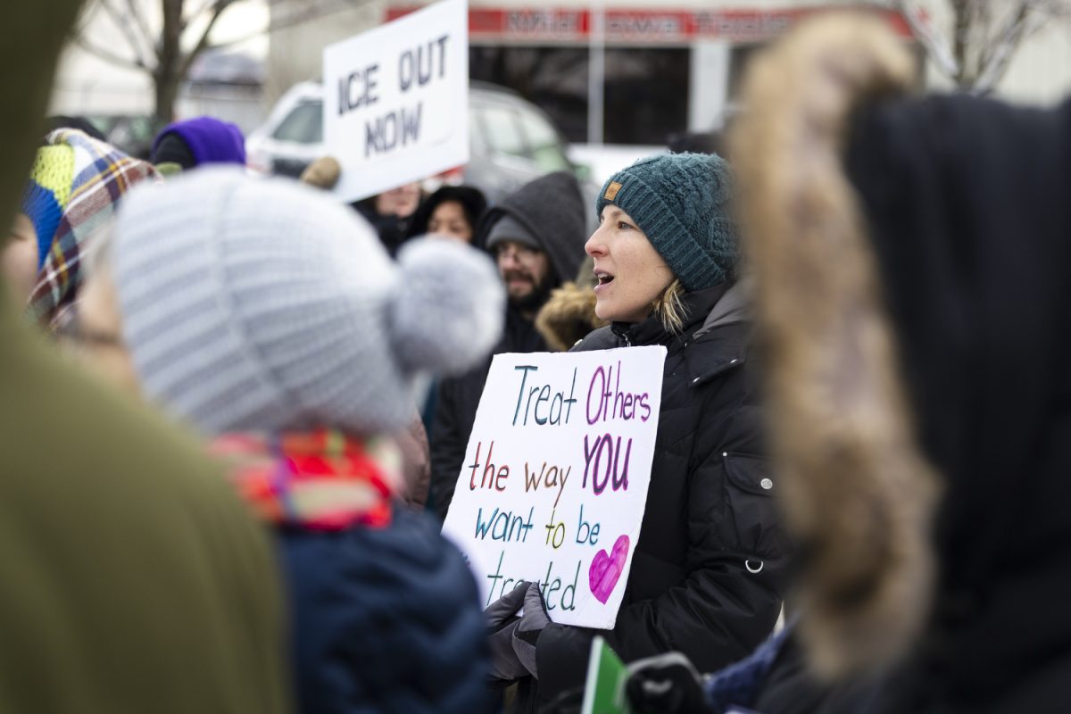 Protesters sing during a protest at the Department of Homeland Security’s office in Cedar Rapids, Iowa, on Tuesday, Feb. 3, 2026. 
